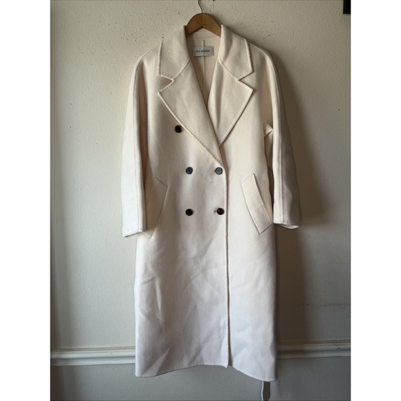 Silk Maison Wool Long cream Trench Coat Double Breasted Career Oldmoney Preppy M - Picture 1 of 15